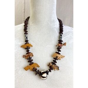 Vintage Wood and seed bead Safari Carved Animal Necklace